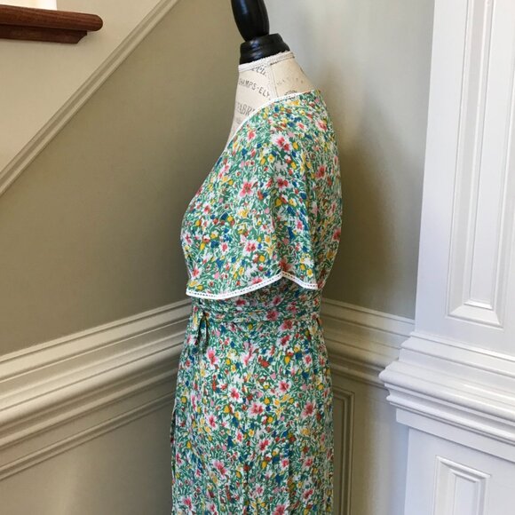 Poupette St Barth Joe Wrap Dress Womens Small Green White Pink VNeck Floral Midi - Picture 11 of 13